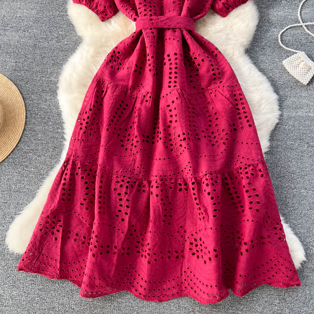 Women's Temperament Fashion Waist-slimming Hollow Bubble Short-sleeved Dress