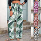 Fashion Drawstring Leaf Print Beach Pants Summer Casual Loose Wide Leg Straight Trousers Womens Clothing