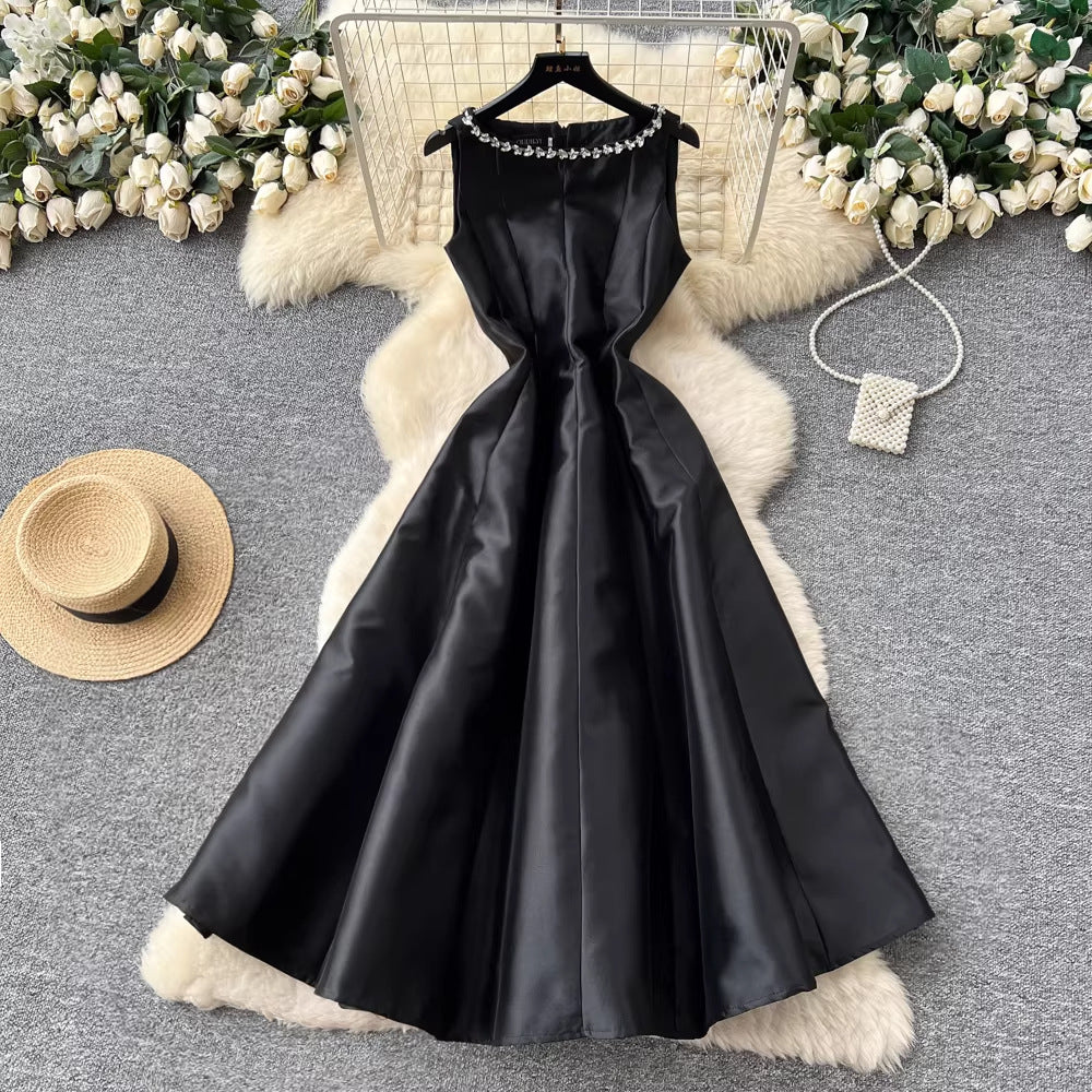 Elegant Sleeveless Diamond-Embellished Glossy A-Line Dress For Women