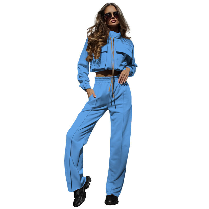 European And American Solid Color Zipper Double Bag Drawstring Long Sleeve Top Fashion Casual Trousers Suit Women