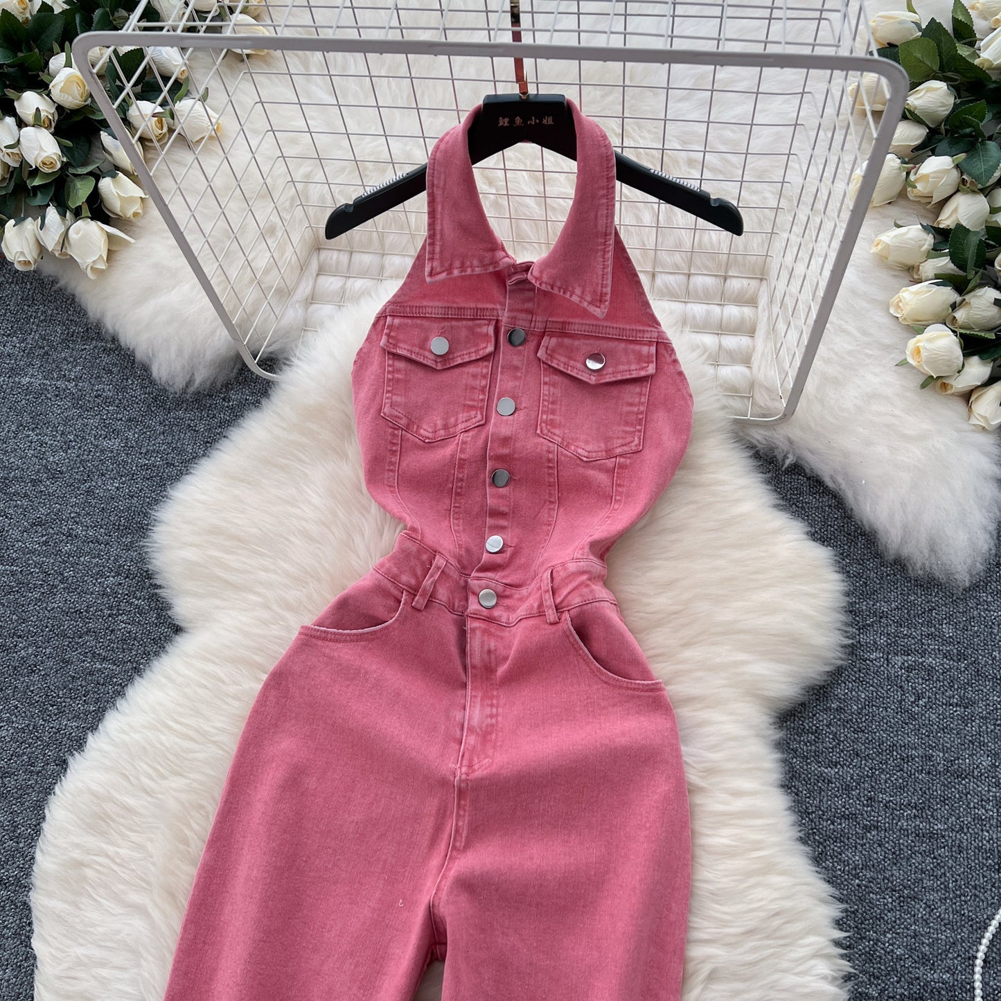 Single-breasted High Waist Slimming Slim Fit Backless Denim Jumpsuit