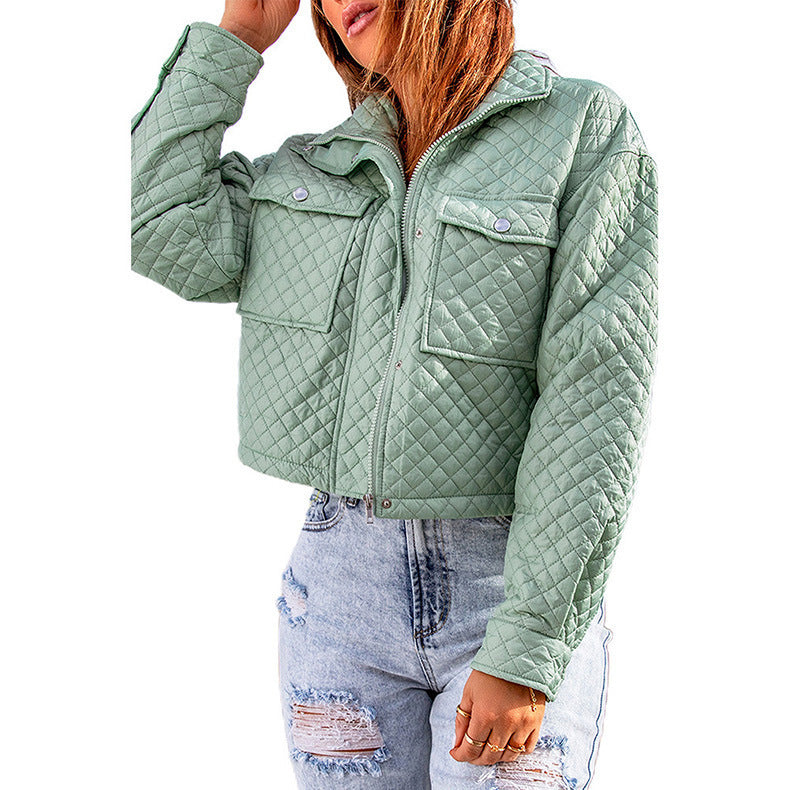 Women's Casual Long Sleeve Lapel Solid Color Loose Zipper Cropped Jacket