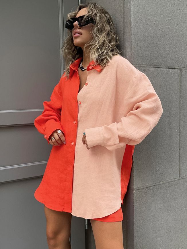 Ensemble chemise et short à manches longues et couleur contrastée pour femme