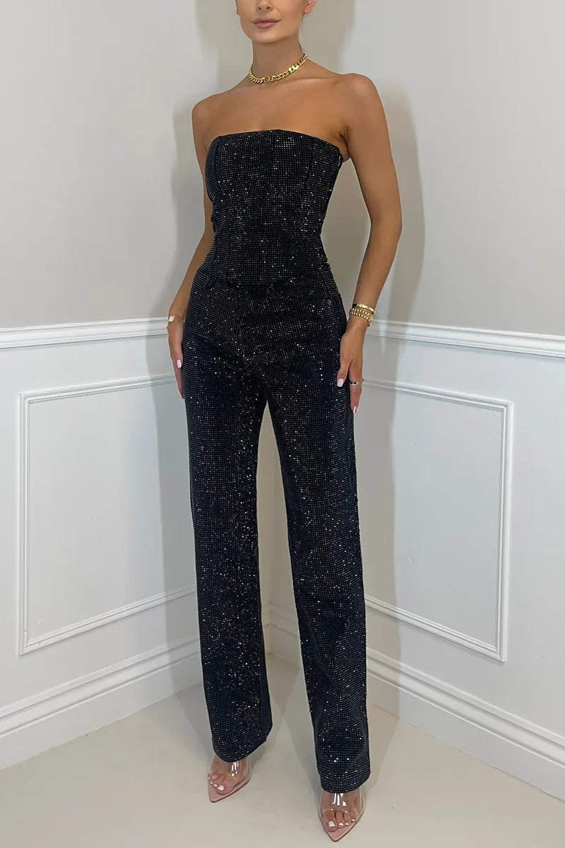 Off-the-shoulder Shiny Vest Diamond Trousers Suit