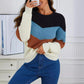 Pull de couleur contrastée, col rond, pull rayé, ample et décontracté