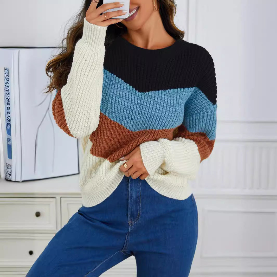 Pull de couleur contrastée, col rond, pull rayé, ample et décontracté