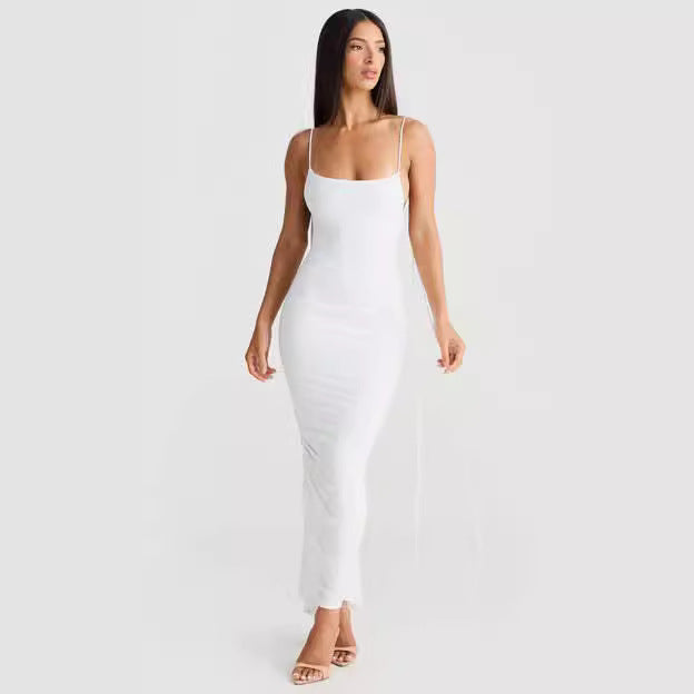 U-neck Shoulder Strap Backless Pleated Sheath Long Solid Color Dress