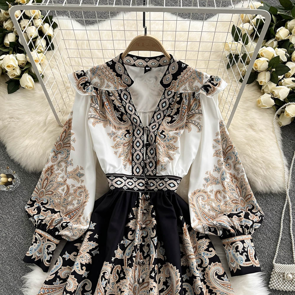 Women's V-neck Lantern Sleeve Printed Dress