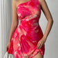 Sleeveless One-shoulder Printed Pleated Dress