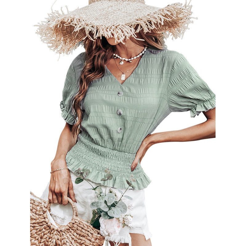 V-neck Short-sleeved Top Waist Slim Green
