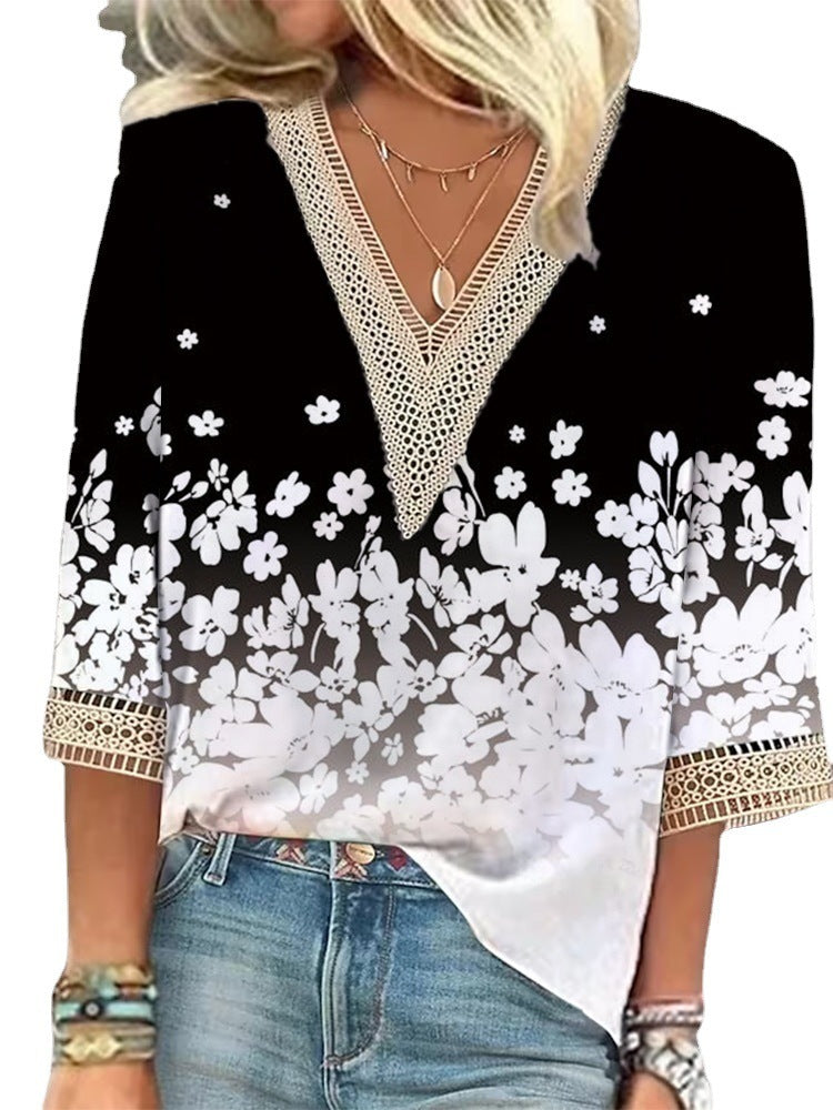 European And American Popular Fashion Loose Multi-color Floral Print Stitching Lace Half Sleeve V-neck Top