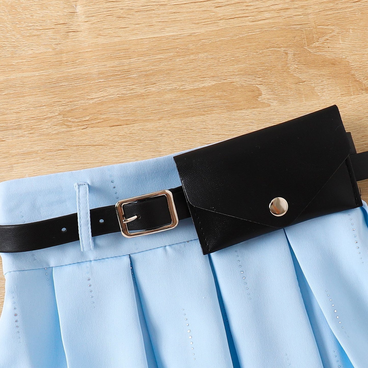 V-neck Ribbed Long-sleeve Pleated Skirt With Belt Three-piece Set