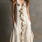 Solid-color Sleeveless Cotton-Linen V-Neck Maxi Dress With Ruffled Hem