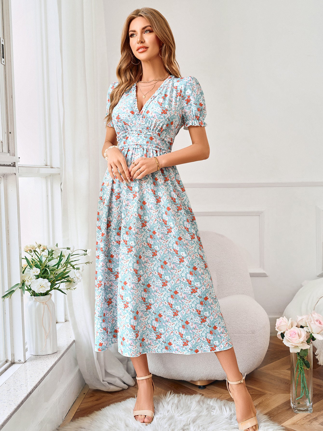 Women's V-neck Waist Trimming Printing Short-sleeved Dress