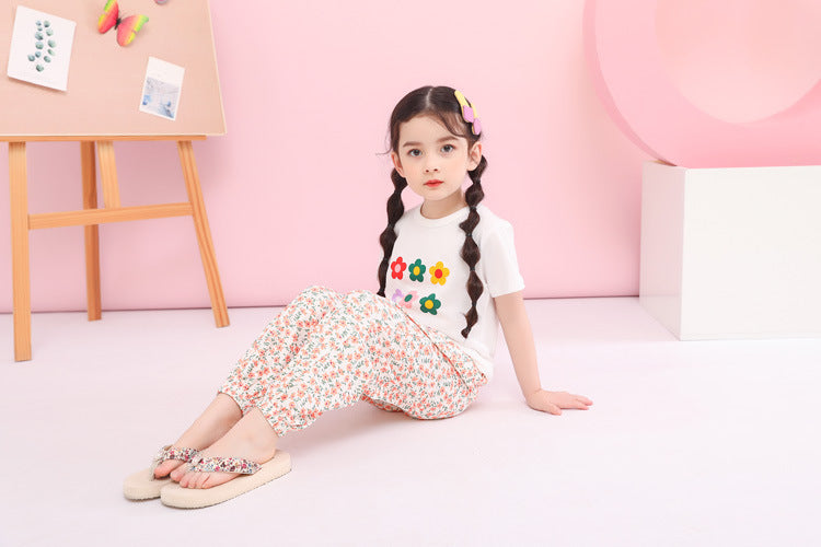 Short-sleeved T-shirt For Girls Flower Print Top