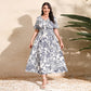 French-style Elegant Plus-size White Ink-wash Floral V-neck Short-sleeve Waist-cinched Maxi Dress