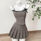 Women's Bow Plaid Contrast Color Slim Fit Slip Dress Suit