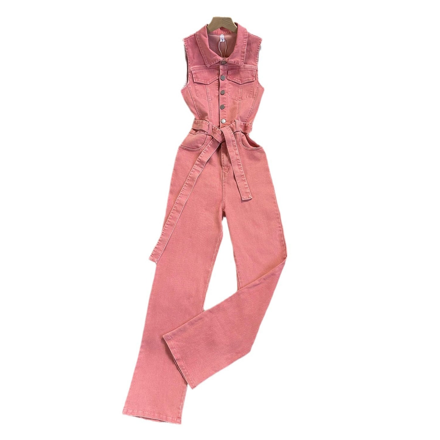 Lace-up Waist-controlled Slim Lapel Metal Buckle Jeans Jumpsuit