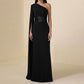Womens Asymmetrical Black Waist-Cinching Sleeveless Dress With A Slant Neckline