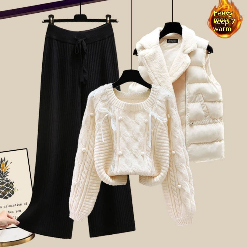 Ensemble trois pièces pour femme, gilet, pull épais, pantalon large