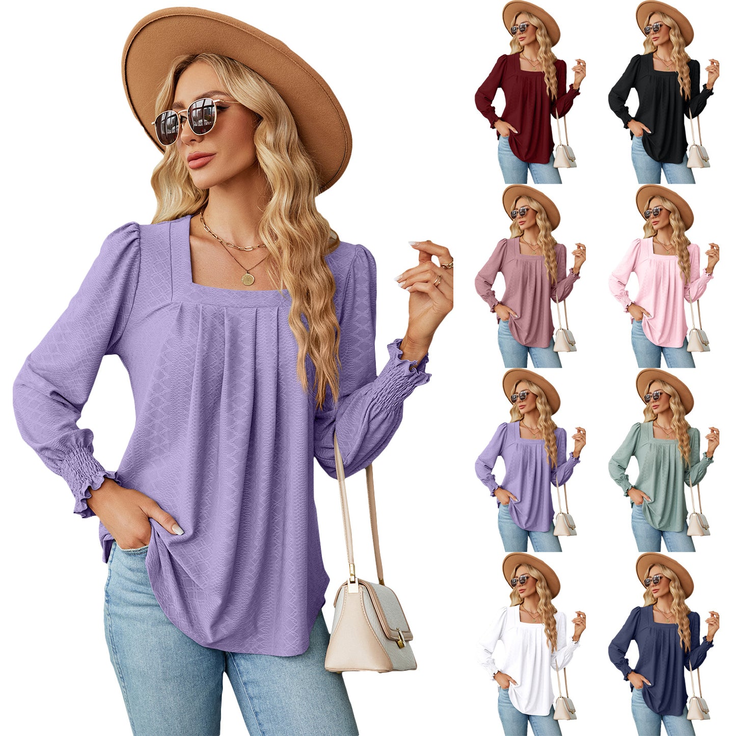 Women's Fashion Casual Jacquard Pleated Square Collar Long Sleeve