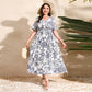 French-style Elegant Plus-size White Ink-wash Floral V-neck Short-sleeve Waist-cinched Maxi Dress