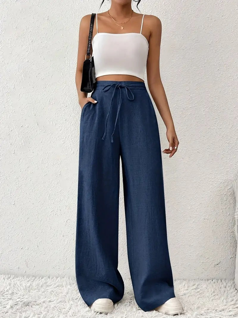 European And American Women's Clothing Casual Wide Leg Lace-up Pocket Casual Pants