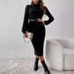 Women's Casual Fashion Solid Color Rib Fabric Turtleneck Long Sleeve Dress