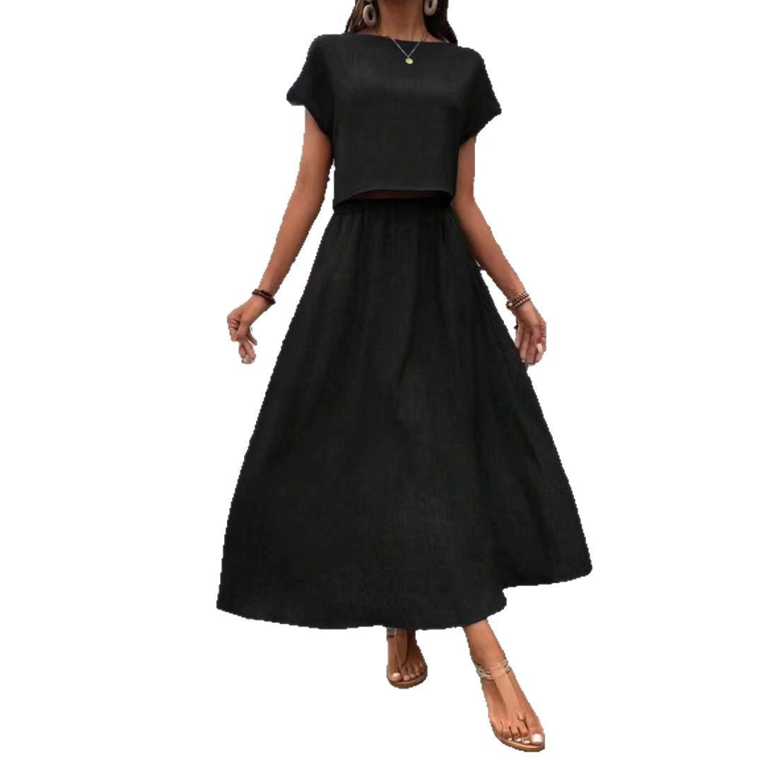 2 Piece Set Women's Solid Color Short Sleeve Top And Casual A- Line Dress Suit