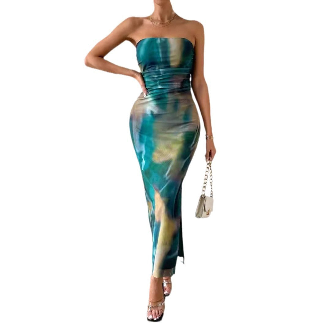 Side Slit Tie-dye Backless Sheath Dress