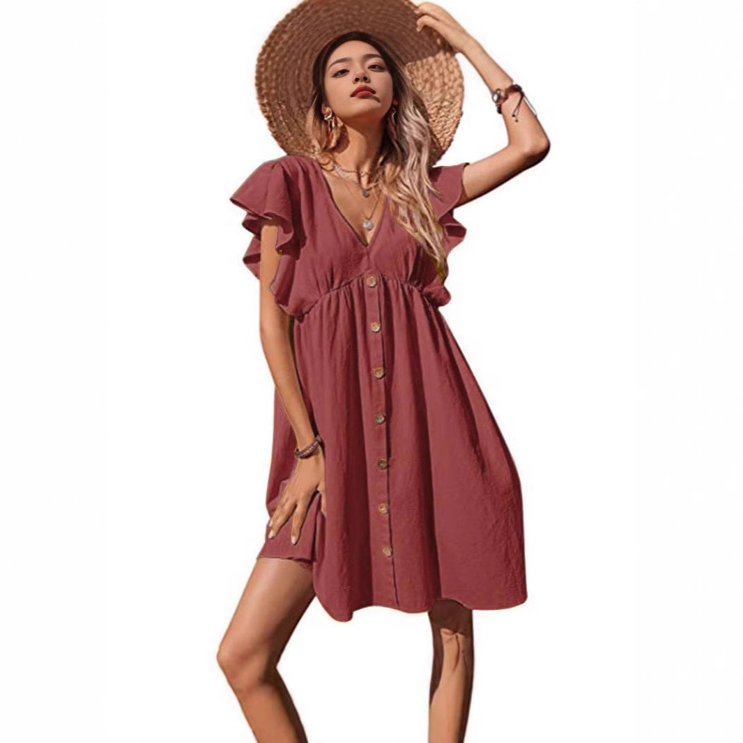 Women's Midi Casual Pleated V-neck Button Plus Size Dress