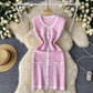 Light Luxury Gold Style Sleeveless Plaid Knitted Dress