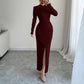 Round-neck Fitted-waist Sheath Dress With A Slit