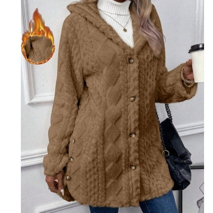 Cardigan à capuche boutonné, veste longue d'hiver, manteau à manches longues de couleur unie