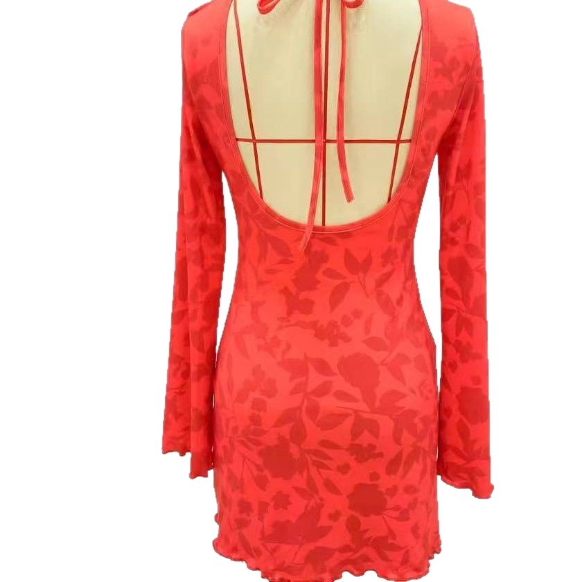 Casual, Versatile Waist-cinching Dress With A Red Floral Print