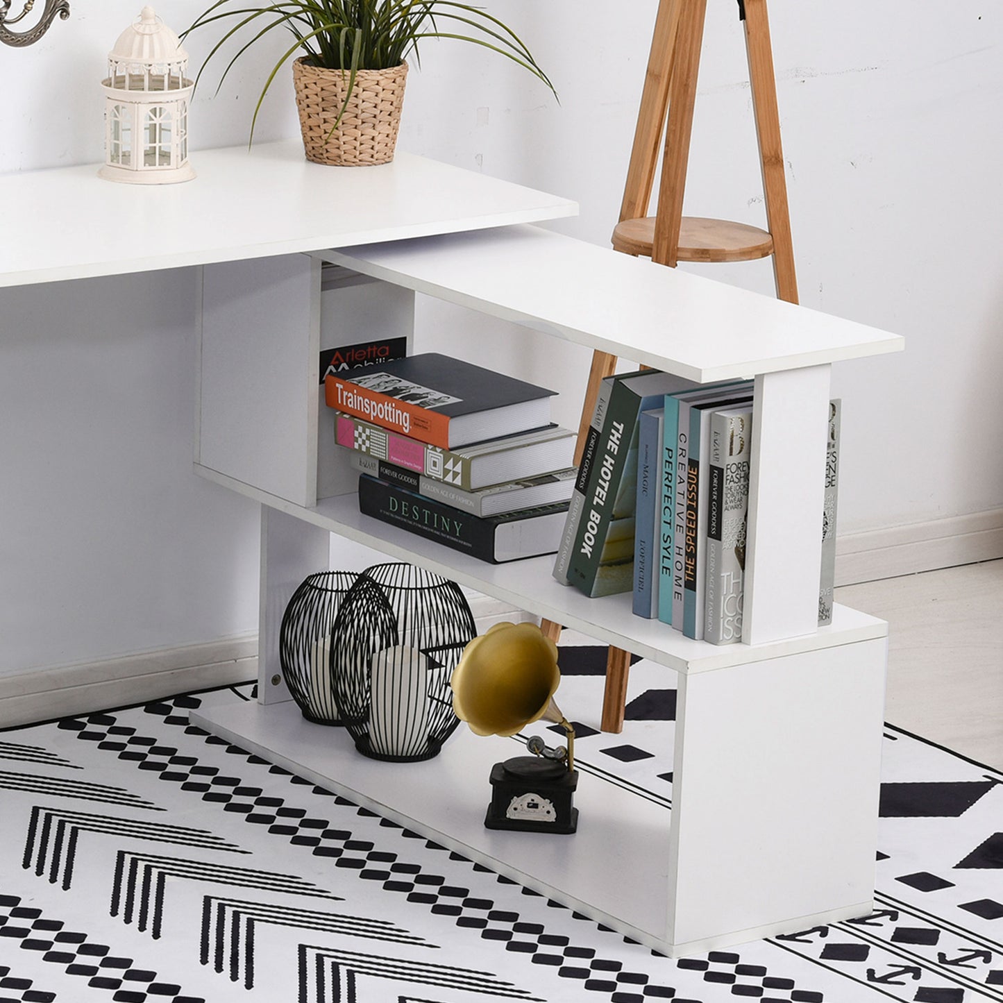 360  Rotating Home Office Desk L Shaped Corner Computer Desk With Storage Shelves, Writing Table Workstation, White