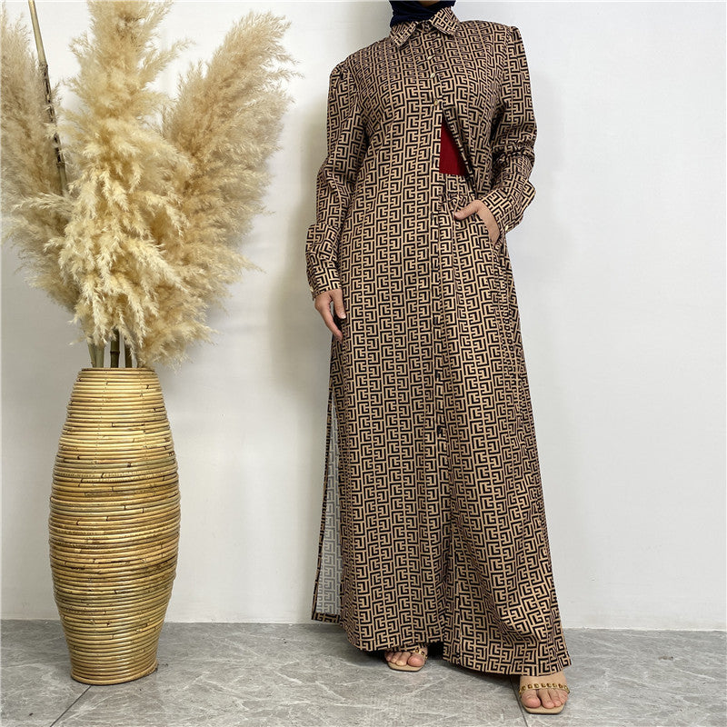 Fashion Printed Satin Full Button Long Cardigan And Pocket Pants Set