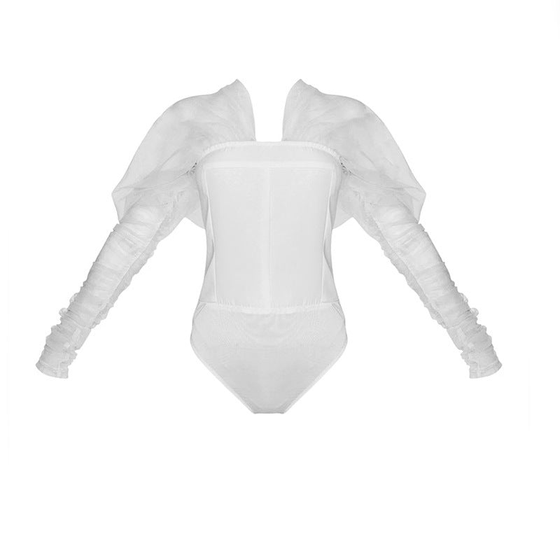 V-Neck Fashion Mesh Panel Puff Sleeve Slim Bodysuit