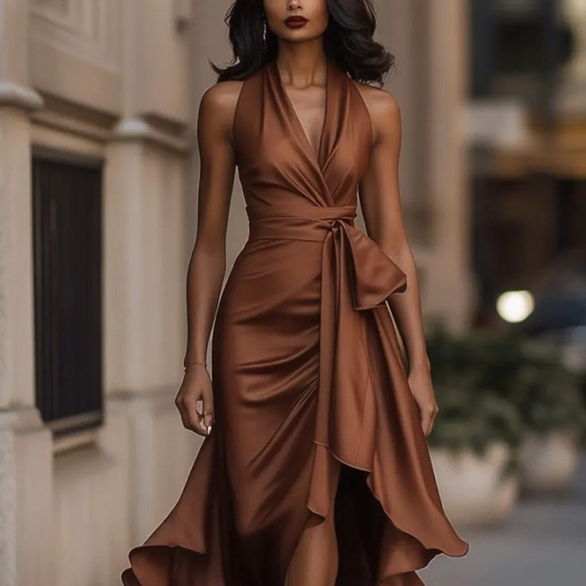 Elegant V-neck Irregular Women's Ruffled Dress