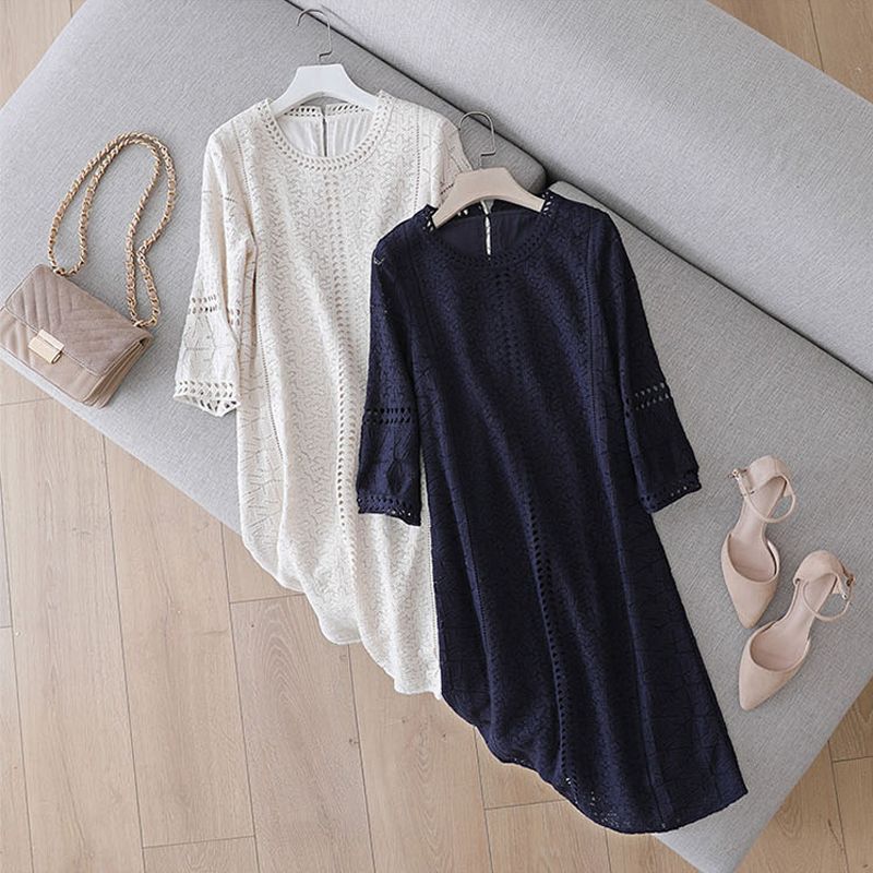 Loose Temperament Hollow-out Three-quarter Sleeve Straight Skirt