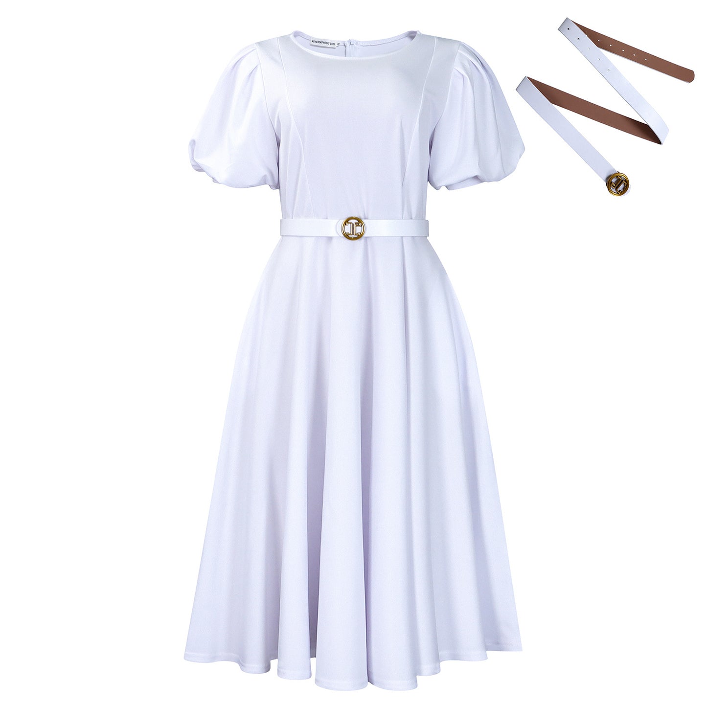 Elegant High-waisted Solid-color Round-neck Dress With Fashionable Balloon Sleeves