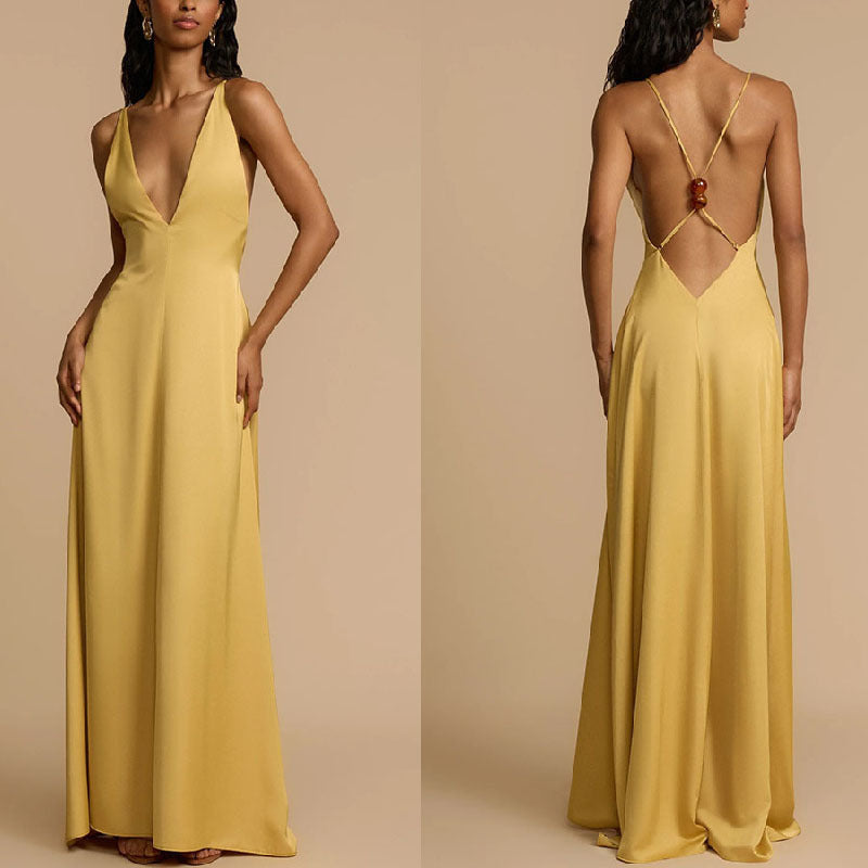 Women's Backless V-neck Satin Long Dress