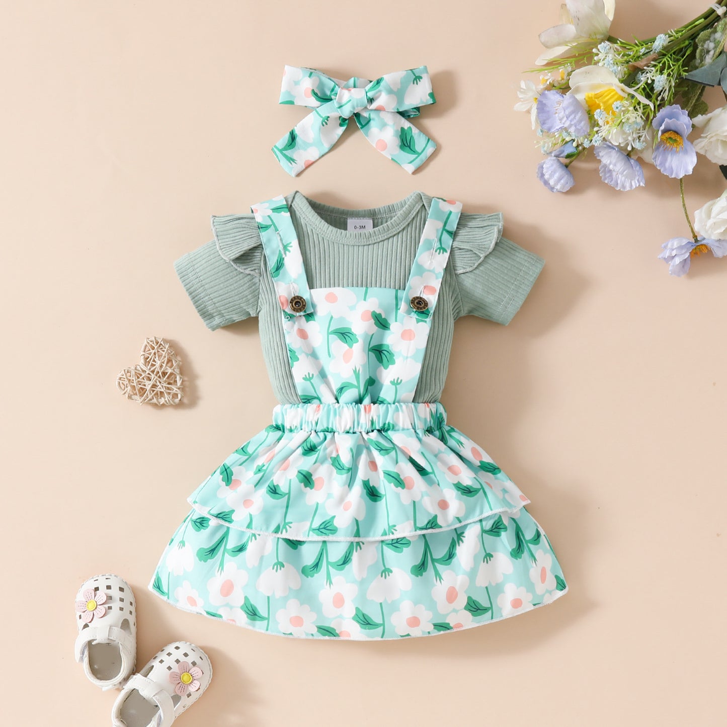 Ensemble jupe-jupe décontractée à manches courtes et bretelles pour bébé fille, motif floral et fruité, été