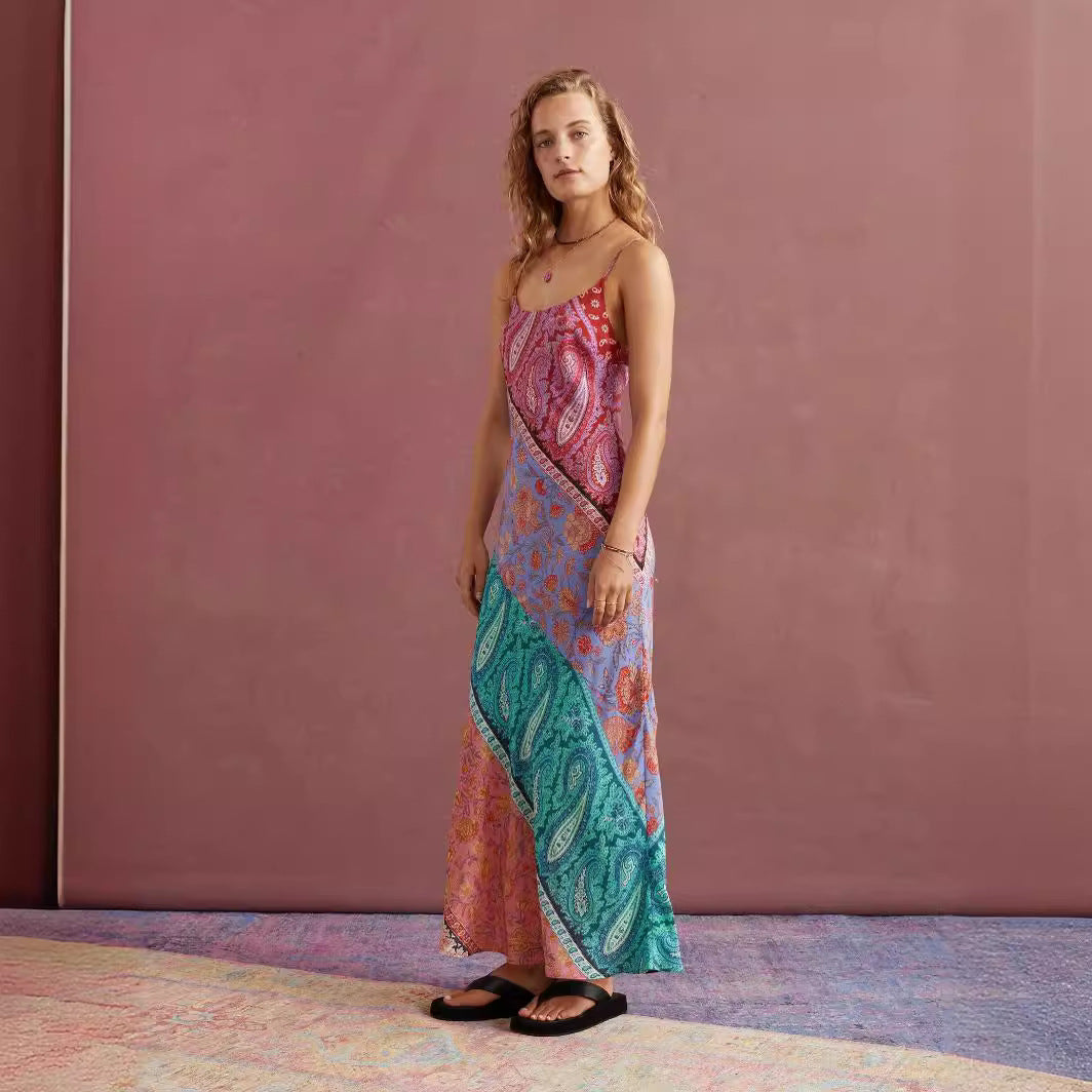 Backless Print Long Sleeveless Dress