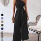 Women's Casual Wide-leg Jumpsuit With Shoulder Strap And Waist Tie