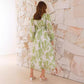 Robe en mousseline imprimée, col en V, tulle floral, manches longues