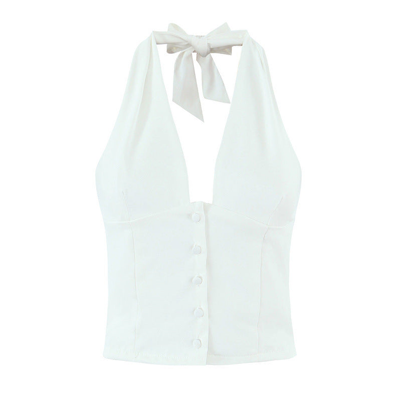 European And American Style French Elegant Style Fashion Casual V-neck Backless Lace Up Halterneck Vest Short Skirt