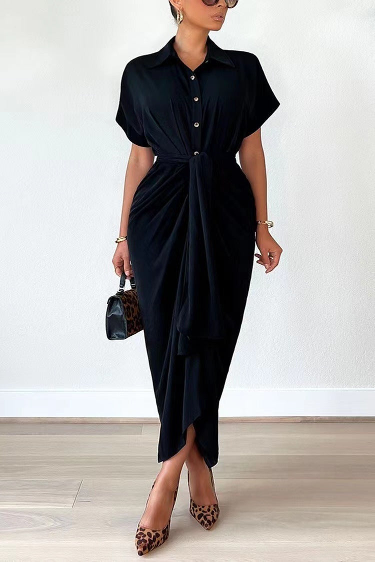 Robe pour femme, nouvelle robe élégante à col polo, mi-longue, manches courtes, simple boutonnage, taille haute
