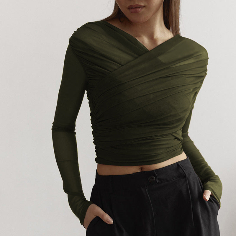 Women's Pleated Long-sleeved T-shirt Top