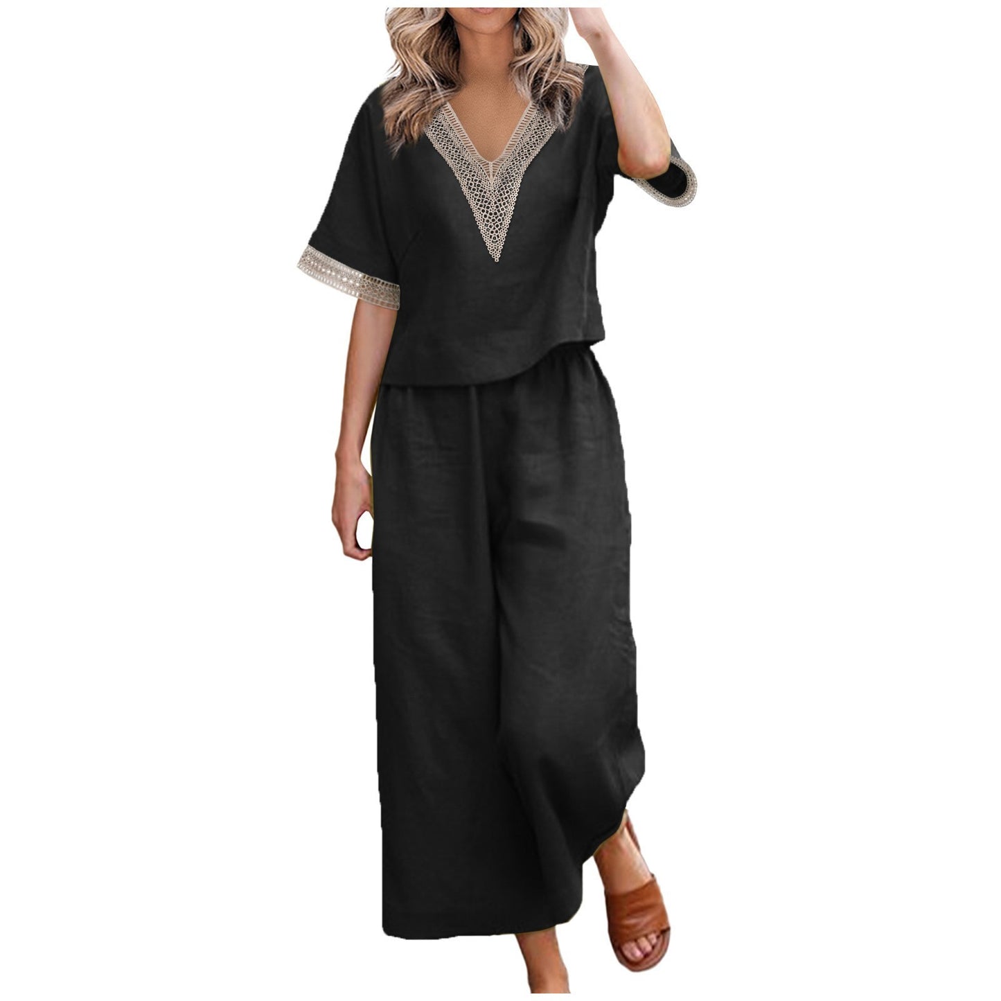 Ensemble deux pièces décontracté grande taille en coton et lin, pantalon court à col en V